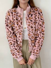 DAZY Women Casual Leopard Print Collar Fluffy Jacket, Autumn/Winter Cheetah Print - Pink - View 4