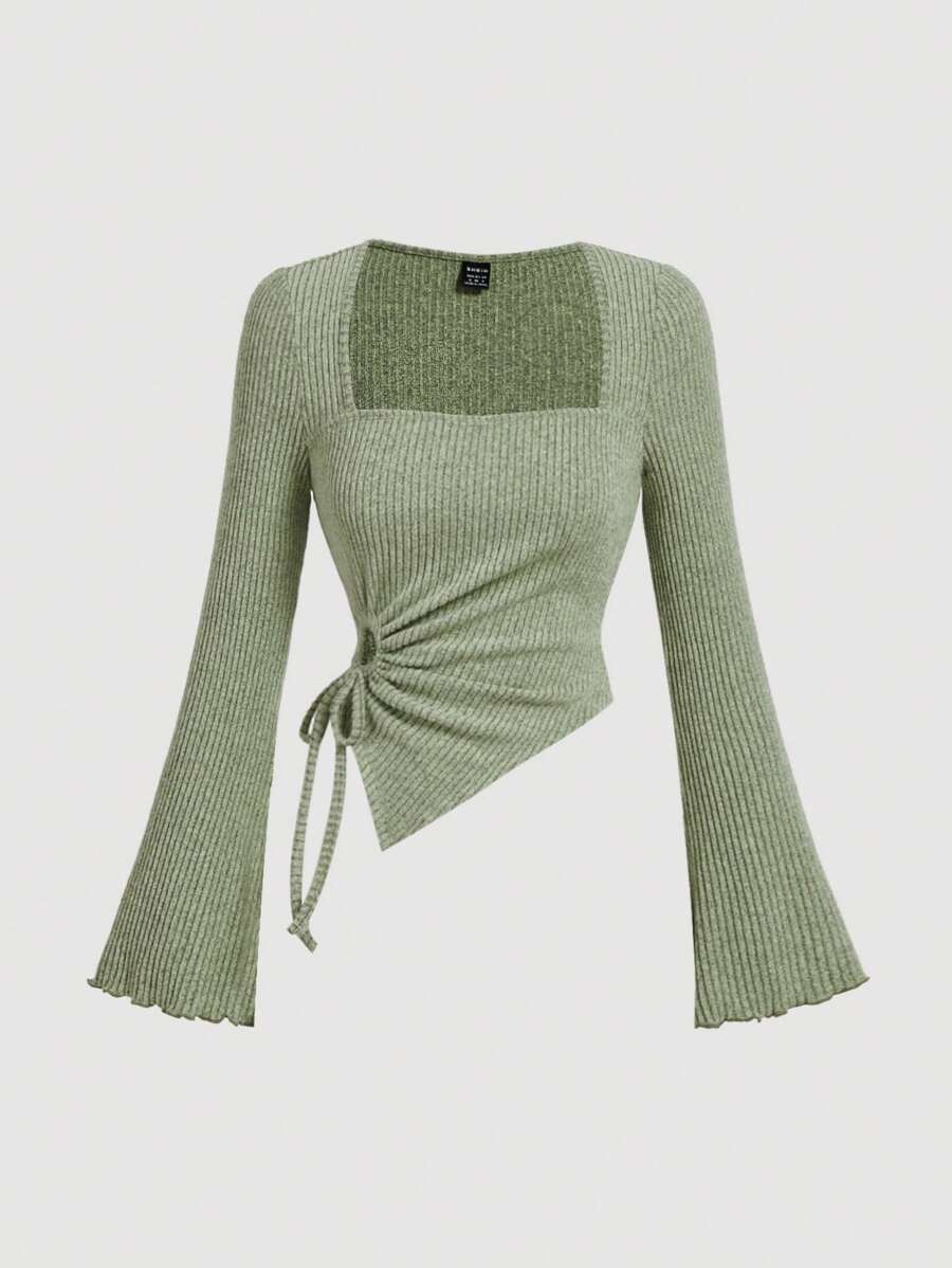 SHEIN MOD 女士绿色方领喇叭袖褶饰 T 恤、秋冬喇叭袖上衣、嬉皮士服装、啦啦队服装、猫女服装、外出、绿色长袖上衣