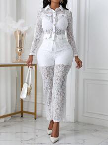 Chiquease Women's Spring/Summer Lace Shirt And Lace Pants Two-Piece Set - White - View 1