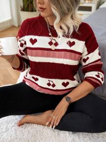 Calvaya Plus Size Women Heart Shape Print Crew Neck Long Sleeve Sweater - Red - View 5