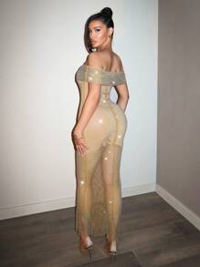 Zolique Women's Off Shoulder Rhinestone Bodycon Dress, Elegant Party Wear - Khaki - View 2