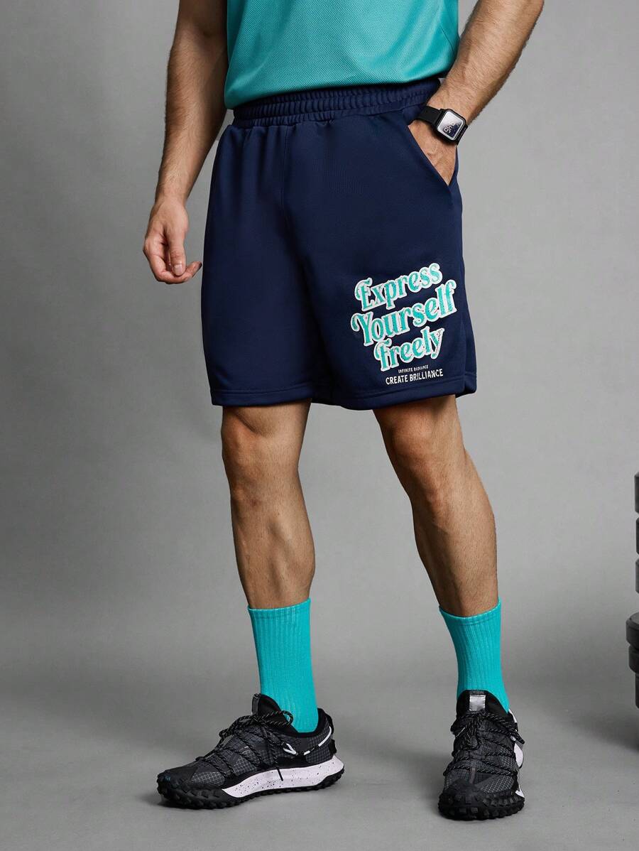 Manfinity Sport Corelite Boyfriend Style Men's Simple Letter Print Front Drawstring Casual Sports Shorts