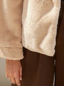 Femmeiva Oversized Women Casual Simple Oblique Pockets Fuzzy Jacket For Autumn & Winter Fall Cloth For Women - Khaki - View 7