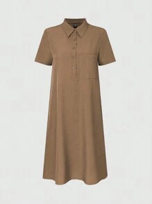 SHEIN Unity 短袖纯色休闲连衣裙，春夏 - 卡其色 - 查看 3