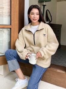 DAZY 女士休闲刺绣蝴蝶结宽松落肩半拉链泰迪羊毛运动衫，秋冬，秋季女装 - 杏色 - 查看 4