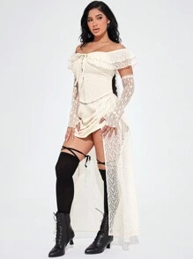 SHEIN SXY 万圣节角色扮演/派对/生日服装，复古宫廷风格公主裙套装，2件套：露肩短款上衣和褶皱喇叭裙 - 杏色 - 查看 5