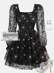 SHEIN Đầm dự tiệc chữ A tay lỡ lưới xuyên thấu màu đen cho bé gái tuổi teen - màu đen - Xem 1