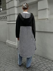 SHEIN Cottnline Casual Houndstooth Patchwork Horn Button Hooded Overcoat, Autumn/Winter - Black and White - View 2
