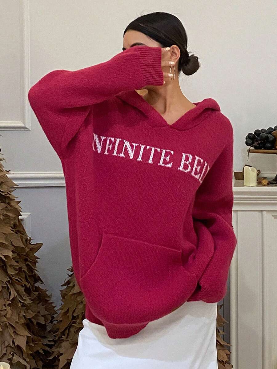 DAZY 圣诞红色字母提花宽松圆领长袖女式毛衣，秋季女装连帽衫 - 紅色 - 查看 1