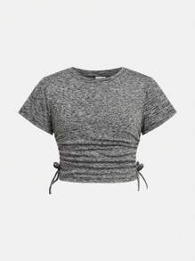 SHEIN 2st Tween Girls Knit Wrinkle Long Sleeve T-Shirt & Flared Byx Set - Grå - Visa 9