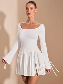 SHEIN BAE Váy dệt kim xẻ tà cao cổ vuông tay dài màu trắng trơn cho nữ, phù hợp mặc nhiều lớp vào mùa thu/đông, đi chơi, hẹn hò lãng mạn, tiệc tùng, ngày lễ và sinh nhật - trắng - Xem 5