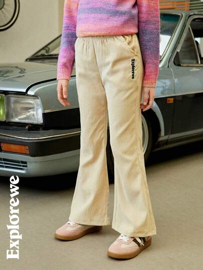 SHEIN Tween Girls Style Corduroy Embroidered Text Design Casual Pants, Suitable For Urban Street Style, Daily Wear, Leisure And Outdoor