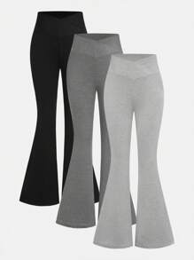 SHEIN Girlism 3 件装 Tween 女童休闲纯色喇叭针织裤，街头风格 - 彩色 - 查看 11