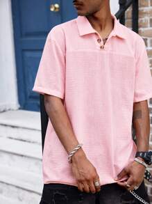 Manfinity Dauomo Camisa de polo retro de manga corta, de ajuste holgado, de mezcla de lino para hombre, camiseta de playa de verano de unicolor - Rosa - Ver 4