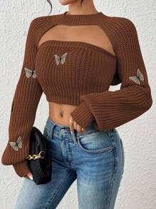 SHEIN Unity 1 Bộ Áo len ống thêu hình bướm thường ngày cho nữ - Rỉ Nâu - Xem 5