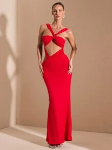 SHEIN BAE Váy dài dệt kim màu đỏ trơn gợi cảm thanh lịch đơn giản hở lưng khoét sâu, thích hợp cho tiệc tốt nghiệp, những dịp trang trọng, tiệc cocktail, hẹn hò lãng mạn, mặc nhiều lớp mùa thu/đông, tiệc tùng, hộp đêm, phù dâu cưới, đi chơi đêm, Halloween, Giáng sinh - Đỏ - Xem 4