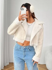 SHEIN PETITE Chaqueta de cuero de PU con cuello de piel corto para mujer en otoño/invierno - Albaricoque - Ver 3