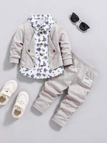 Souflis Souflis Baby Boy 2pcs Floral Printed Shirt-Style Jacket & Pants Set, Casual Outfit Suitable For Spring/Autumn - Grey - View 1