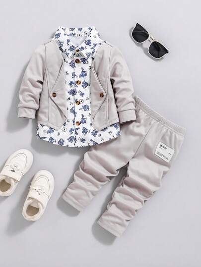Souflis Souflis Baby Boy 2pcs Floral Printed Shirt-Style Jacket & Pants Set, Casual Outfit Suitable For Spring/Autumn