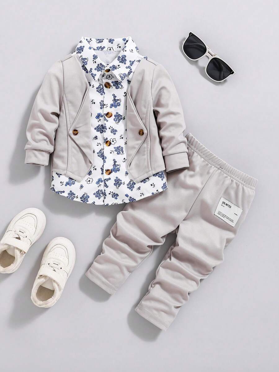 Souflis Souflis Baby Boy 2pcs Floral Printed Shirt-Style Jacket & Pants Set, Casual Outfit Suitable For Spring/Autumn - Grey - View 1