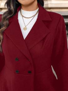 Celure 大码女式纯色翻领双排扣优雅夹克，秋冬 - 酒紅色 - 查看 6