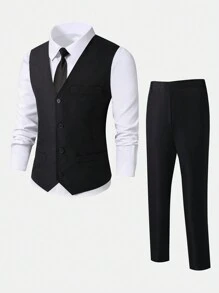 Teenage Boys 3pcs Outfit Set: White Shirt, Vest & Casual Pants, Elegant And Fashionable For Parties, Office, Weddings, Events, Formal Occasions In Autumn & Winter