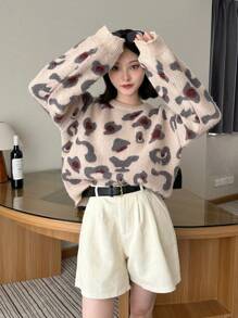 SHEIN X Angie Costa Chiquease Damen Leoparden Muster strukturierter Schal Pullover, Lässig für Herbst und Winter