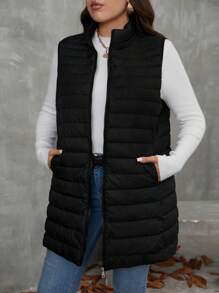 SHEIN LUNE Chaleco sin mangas minimalista y casual con cremallera frontera, plumas y relleno sintético, talla grande, unicolor