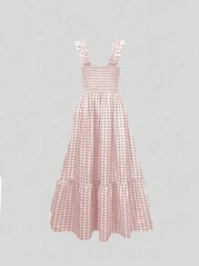 Breezaya 女式夏季假日格子拼布荷叶边下摆可爱连衣裙长款女装 - 粉色 - 查看 2