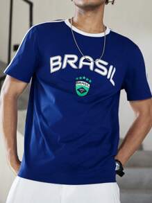 Manfinity Hypemode 男士字母印花圆领短袖休闲 T 恤 - 藍色 - 查看 4