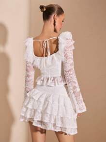 SHEIN BAE Pure White Sweet Romantic Lace Long Sleeve Crew Neck Top With Multi-Layer Lace Ruffled Trim And Matching Multi-Layer Lace Ruffle Hem Skirt 2Pcs Set, Suitable For Cocktail Party, Romantic Date, Winter Layering Dress, Party, Night Out Outfit, Matching Sister/Best Friend Outfit - White - View 2