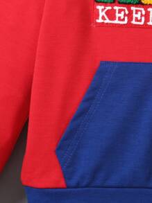 Conjunto de 2 piezas para niños pequeños: sudadera con capucha de bloque de color tejido con patrón bordado de letras en inglés y pantalones vaqueros suaves con bolsillos funcionales, conjunto colorido y vibrante adecuado para uso diario, deportes, escuela, viajes - Multicolor - Ver 7