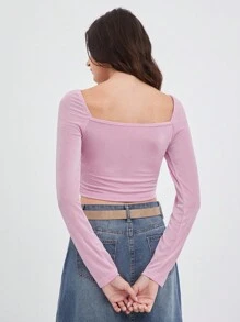SHEIN EZwear 女式褶饰前部亮面方领长袖修身 T 恤，粉色，适合秋冬季派对 - 粉色 - 查看 2