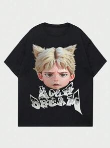 ROMWE MEN Street Life Men's Summer Casual Cartoon Letter Printed T-Shirt - Black - View 1