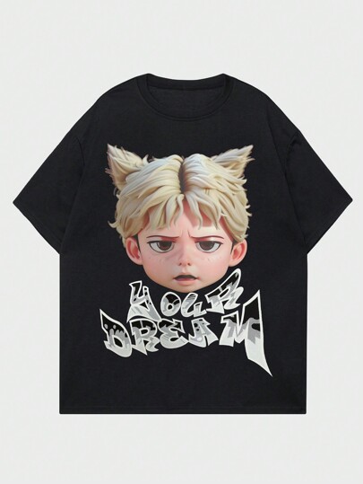 Street Life Camiseta de manga corta de verano informal para hombre con estampado de letra de caricatura