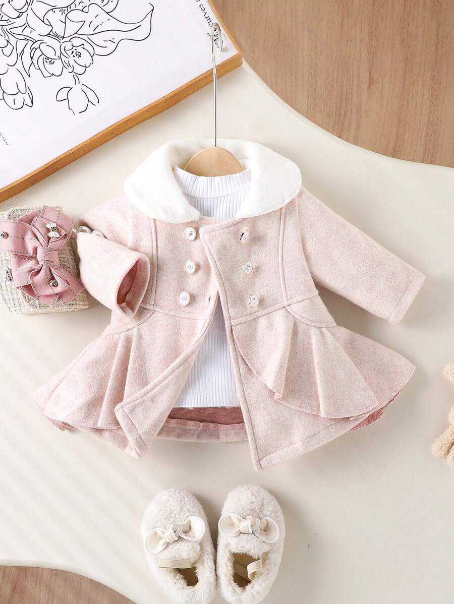 SHEIN Baby Girl Elegant Coat With Furry Collar, Fashionable For Autumn/Winter - Pink - View 1