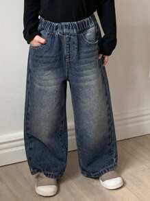 Dazy Kids Young Girl Casual Washed Elastic Waist Wide Leg Jeans