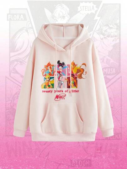 Winx Club X ROMWE sweat-shirt à capuche ample avec poche ventrale en kangourou, imprimé de personnage d'anime et de slogan, style décontracté pour femmes