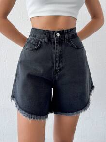 EURMUSE 女士前扣口袋毛边下摆休闲短裤 - 灰色 - 查看 4