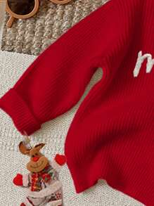 Sweater Lengan Panjang Leher Bulat Longgar Motif Huruf Minimalis Kasual untuk Anak Perempuan, Cocok untuk Musim Gugur/Musim Dingin, untuk Natal - Merah - View 4