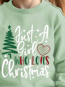 SHEIN Young Girls' Christmas Graphic Print Casual Everyday Cozy Knit Long Sleeve Crew Neck Thick Sweatshirt, Suitable For Autumn/Winter - Mint Green - View 5
