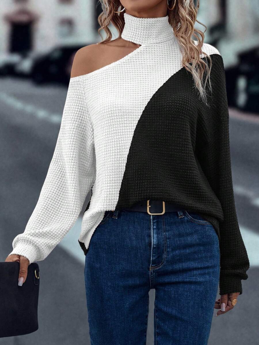 SHEIN LUNE Autumn Casual Colorblock Off Shoulder T-Shirt Graphic Tees Women Tops Fall Cloth For Women