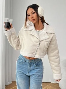 SHEIN PETITE Chaqueta de cuero de PU con cuello de piel corto para mujer en otoño/invierno - Albaricoque - Ver 5