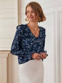 Chiquease Camicetta elegante e casual con scollo a V e stampa floreale, adatta per l'autunno - Blu - Visualizzare 6