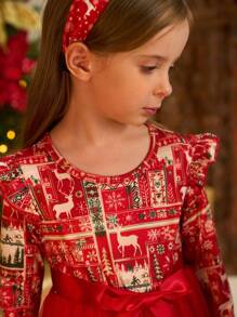 SHEIN 年轻女孩圣诞节优雅红色长袖连衣裙，带有节日印花，网眼材质，舒适透气，包括腰带，秋冬 - 紅色 - 查看 6