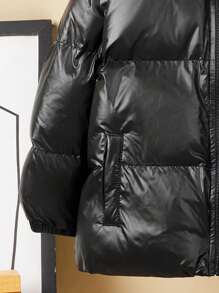 1pc Young Boys Casual Stylish & Practical Comfortable Thick Warm Quilted Padded Hooded Jacket, Suitable For Kids Outfits, Young Boy Clothes, School, Back To School, Daily Wear, Outdoor, Sports, Autumn/Winter - Black - View 4