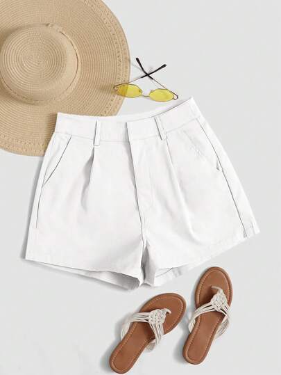 SHEIN Essnce Shorts Soltos Casuais Tecidos Plissados com Bolso, Cor Sólida, para Mulheres