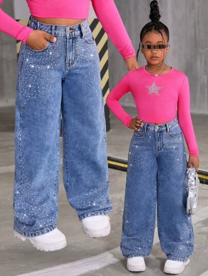 Pantalones vaqueros de pierna ancha con brillantes de rhinestones para niñas preadolescentes con estilo Y2K, adecuados para paseos casuales por la ciudad y uso diario