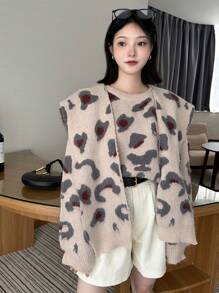 SHEIN X Angie Costa Chiquease Damen Leoparden Muster strukturierter Schal Pullover, Lässig für Herbst und Winter