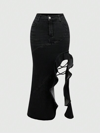 Fairycore Women's Denim Mini Skirt With Ruffle Hem & Side Slit, Sexy Style